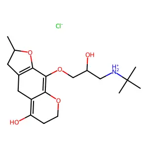 tert-butyl-[2-hydroxy-3-[(5-hydroxy-2-methyl-3,4,6,7-tetrahydro-2H-furo[3,2-g]chromen-9-yl)oxy]propyl]azanium chloride structure