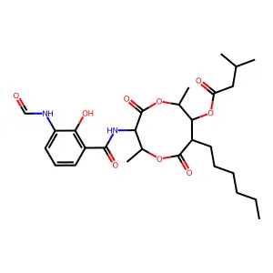 [3-[(3-formamido-2-hydroxybenzoyl)amino]-8-hexyl-2,6-dimethyl-4,9-dioxo-1,5-dioxonan-7-yl] 3-methylbutanoate structure
