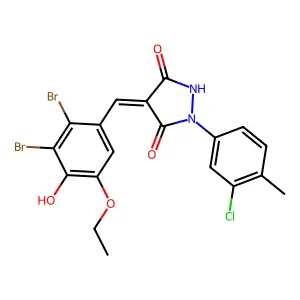 1-(3-chloro-4-methylphenyl)-4-(2,3-dibromo-5-ethoxy-4-hydroxybenzylidene)-3,5-pyrazolidinedione structure