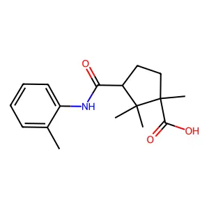 1,2,2-trimethyl-3-[(2-methylphenyl)carbamoyl]cyclopentane-1-carboxylic acid structure