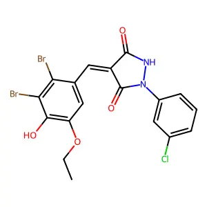 1-(3-chlorophenyl)-4-(2,3-dibromo-5-ethoxy-4-hydroxybenzylidene)-3,5-pyrazolidinedione structure