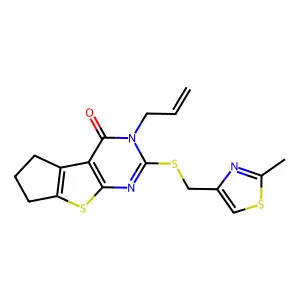 10-[(2-methyl-1,3-thiazol-4-yl)methylsulfanyl]-11-prop-2-enyl-7-thia-9,11-diazatricyclo[6.4.0.02,6]dodeca-1(8),2(6),9-trien-12-one structure