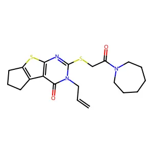 10-[2-(azepan-1-yl)-2-oxoethyl]sulfanyl-11-prop-2-enyl-7-thia-9,11-diazatricyclo[6.4.0.02,6]dodeca-1(8),2(6),9-trien-12-one structure