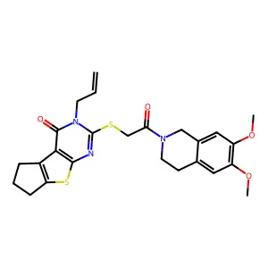 10-[2-(6,7-dimethoxy-3,4-dihydro-1H-isoquinolin-2-yl)-2-oxoethyl]sulfanyl-11-prop-2-enyl-7-thia-9,11-diazatricyclo[6.4.0.02,6]dodeca-1(8),2(6),9-trien-12-one structure
