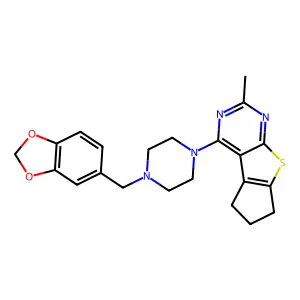12-[4-(1,3-benzodioxol-5-ylmethyl)piperazin-1-yl]-10-methyl-7-thia-9,11-diazatricyclo[6.4.0.02,6]dodeca-1(12),2(6),8,10-tetraene structure