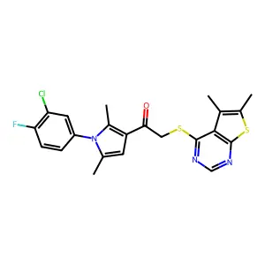 1-[1-(3-chloro-4-fluorophenyl)-2,5-dimethylpyrrol-3-yl]-2-(5,6-dimethylthieno[2,3-d]pyrimidin-4-yl)sulfanylethanone structure