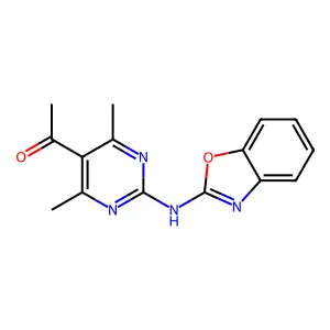 1-[2-(1,3-benzoxazol-2-ylamino)-4,6-dimethylpyrimidin-5-yl]ethanone structure