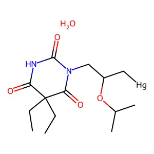 [3-(5,5-diethyl-2,4,6-trioxo-1,3-diazinan-1-yl)-2-propan-2-yloxypropyl]mercuryhydrate structure