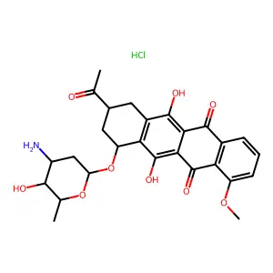 (10S)-8-acetyl-10-[(2R,4S,5S,6S)-4-amino-5-hydroxy-6-methyloxan-2-yl]oxy-6,11-dihydroxy-1-methoxy-7,8,9,10-tetrahydrotetracene-5,12-dione;hydrochloride structure