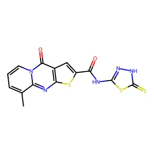 10-methyl-2-oxo-N-(2-sulfanylidene-3H-1,3,4-thiadiazol-5-yl)-6-thia-1,8-diazatricyclo[7.4.0.03,7]trideca-3(7),4,8,10,12-pentaene-5-carboxamide structure