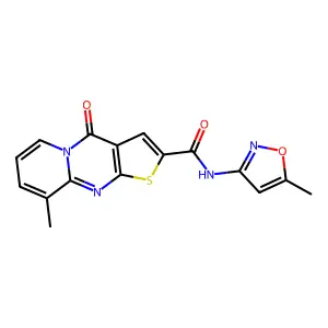 10-methyl-N-(5-methyl-1,2-oxazol-3-yl)-2-oxo-6-thia-1,8-diazatricyclo[7.4.0.03,7]trideca-3(7),4,8,10,12-pentaene-5-carboxamide structure