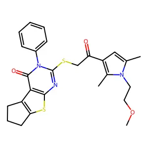 10-[2-[1-(2-methoxyethyl)-2,5-dimethylpyrrol-3-yl]-2-oxoethyl]sulfanyl-11-phenyl-7-thia-9,11-diazatricyclo[6.4.0.02,6]dodeca-1(8),2(6),9-trien-12-one structure