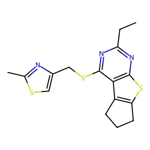 10-ethyl-12-[(2-methyl-1,3-thiazol-4-yl)methylsulfanyl]-7-thia-9,11-diazatricyclo[6.4.0.02,6]dodeca-1(8),2(6),9,11-tetraene structure