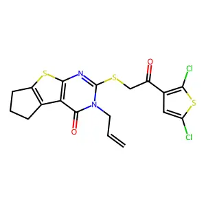 10-[2-(2,5-dichlorothiophen-3-yl)-2-oxoethyl]sulfanyl-11-prop-2-enyl-7-thia-9,11-diazatricyclo[6.4.0.02,6]dodeca-1(8),2(6),9-trien-12-one structure