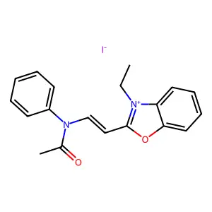 N-[2-(3-ethyl-1,3-benzoxazol-3-ium-2-yl)ethenyl]-N-phenylacetamide iodide structure