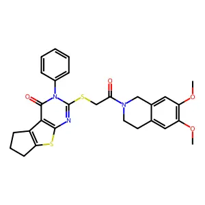 10-[2-(6,7-dimethoxy-3,4-dihydro-1H-isoquinolin-2-yl)-2-oxoethyl]sulfanyl-11-phenyl-7-thia-9,11-diazatricyclo[6.4.0.02,6]dodeca-1(8),2(6),9-trien-12-one structure