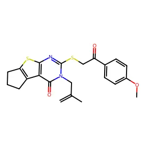 10-[2-(4-methoxyphenyl)-2-oxoethyl]sulfanyl-11-(2-methylprop-2-enyl)-7-thia-9,11-diazatricyclo[6.4.0.02,6]dodeca-1(8),2(6),9-trien-12-one structure