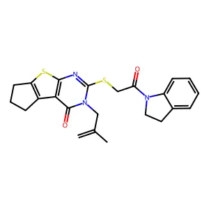 10-[2-(2,3-dihydroindol-1-yl)-2-oxoethyl]sulfanyl-11-(2-methylprop-2-enyl)-7-thia-9,11-diazatricyclo[6.4.0.02,6]dodeca-1(8),2(6),9-trien-12-one structure