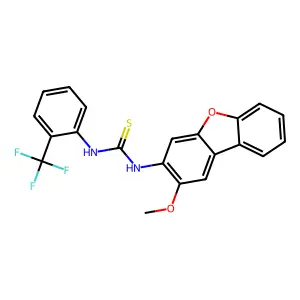 1-(2-methoxydibenzofuran-3-yl)-3-[2-(trifluoromethyl)phenyl]thiourea structure