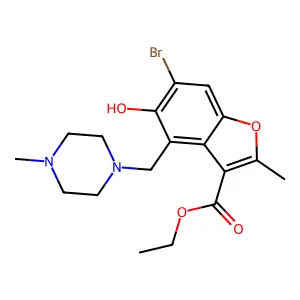 3-Benzofurancarboxylic acid, 6-bromo-5-hydroxy-2-methyl-4-((4-methyl-1-piperazinyl)methyl)-, ethyl ester structure