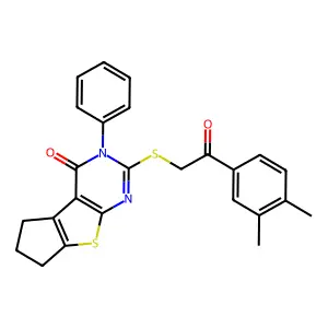 10-[2-(3,4-dimethylphenyl)-2-oxoethyl]sulfanyl-11-phenyl-7-thia-9,11-diazatricyclo[6.4.0.02,6]dodeca-1(8),2(6),9-trien-12-one structure