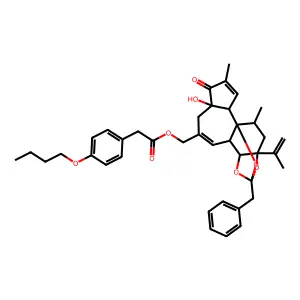 (13-benzyl-6-hydroxy-4,17-dimethyl-5-oxo-15-prop-1-en-2-yl-12,14,18-trioxapentacyclo[11.4.1.01,10.02,6.011,15]octadeca-3,8-dien-8-yl)methyl 2-(4-butoxyphenyl)acetate structure