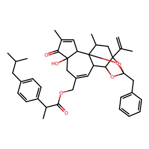 (13-benzyl-6-hydroxy-4,17-dimethyl-5-oxo-15-prop-1-en-2-yl-12,14,18-trioxapentacyclo[11.4.1.01,10.02,6.011,15]octadeca-3,8-dien-8-yl)methyl 2-[4-(2-methylpropyl)phenyl]propanoate structure