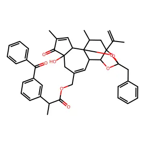 (13-benzyl-6-hydroxy-4,17-dimethyl-5-oxo-15-prop-1-en-2-yl-12,14,18-trioxapentacyclo[11.4.1.01,10.02,6.011,15]octadeca-3,8-dien-8-yl)methyl 2-(3-benzoylphenyl)propanoate structure