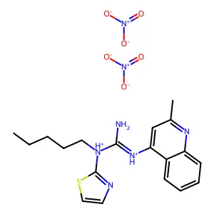 [amino-(2-methylquinolin-4-yl)azaniumylidenemethyl]-pentyl-(1,3-thiazol-2-yl)azanium dinitrate structure
