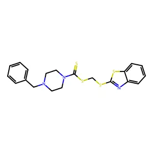 (1,3-benzothiazol-2-ylsulfanyl)methyl 4-benzylpiperazine-1-carbodithioate structure