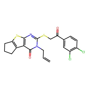 10-[2-(3,4-dichlorophenyl)-2-oxoethyl]sulfanyl-11-prop-2-enyl-7-thia-9,11-diazatricyclo[6.4.0.02,6]dodeca-1(8),2(6),9-trien-12-one structure