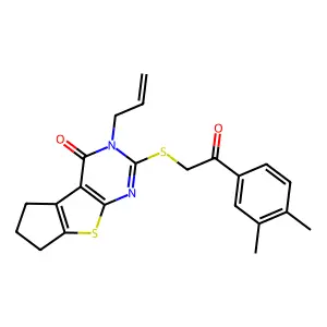 10-[2-(3,4-dimethylphenyl)-2-oxoethyl]sulfanyl-11-prop-2-enyl-7-thia-9,11-diazatricyclo[6.4.0.02,6]dodeca-1(8),2(6),9-trien-12-one structure