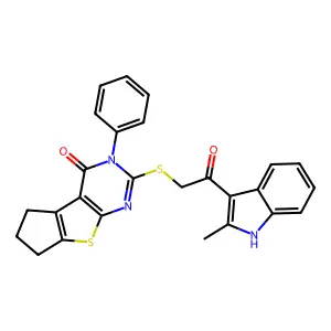 10-[2-(2-methyl-1H-indol-3-yl)-2-oxoethyl]sulfanyl-11-phenyl-7-thia-9,11-diazatricyclo[6.4.0.02,6]dodeca-1(8),2(6),9-trien-12-one structure