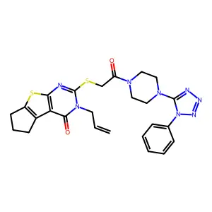 10-[2-oxo-2-[4-(1-phenyltetrazol-5-yl)piperazin-1-yl]ethyl]sulfanyl-11-prop-2-enyl-7-thia-9,11-diazatricyclo[6.4.0.02,6]dodeca-1(8),2(6),9-trien-12-one structure