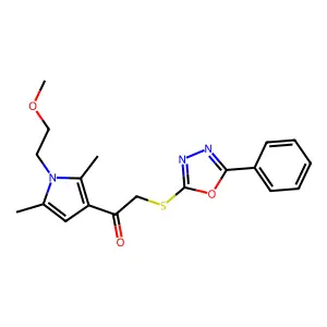 1-[1-(2-methoxyethyl)-2,5-dimethylpyrrol-3-yl]-2-[(5-phenyl-1,3,4-oxadiazol-2-yl)sulfanyl]ethanone structure