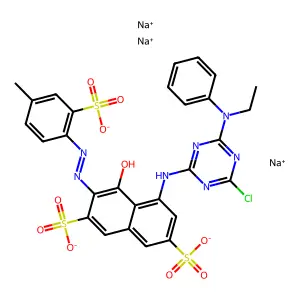 Trisodium 5-((4-chloro-6-(ethylphenylamino)-1,3,5-triazin-2-yl)amino)-4-hydroxy-3-((4-methyl-2-sulphonatophenyl)azo)naphthalene-2,7-disulphonate structure