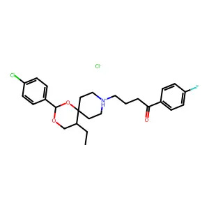 4-[2-(4-chlorophenyl)-5-ethyl-1,3-dioxa-9-azoniaspiro[5.5]undecan-9-yl]-1-(4-fluorophenyl)butan-1-one chloride structure