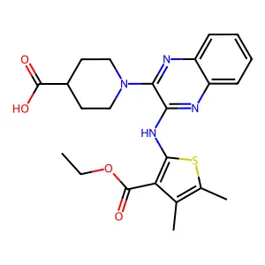 1-(3-{[3-(ethoxycarbonyl)-4,5-dimethylthiophen-2-yl]amino}quinoxalin-2-yl)piperidine-4-carboxylic acid structure