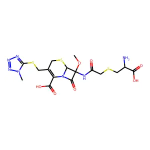 7-[[2-(2-amino-2-carboxyethyl)sulfanylacetyl]amino]-7-methoxy-3-[(1-methyltetrazol-5-yl)sulfanylmethyl]-8-oxo-5-thia-1-azabicyclo[4.2.0]oct-2-ene-2-carboxylic acid structure
