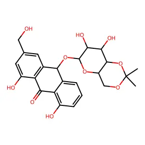 (10R)-10-[[(4aR,6R,7R,8R,8aS)-7,8-dihydroxy-2,2-dimethyl-4,4a,6,7,8,8a-hexahydropyrano[3,2-d][1,3]dioxin-6-yl]oxy]-1,8-dihydroxy-3-(hydroxymethyl)-10H-anthracen-9-one structure
