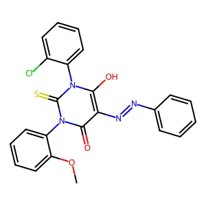 1-(2-chlorophenyl)-6-hydroxy-3-(2-methoxyphenyl)-5-phenyldiazenyl-2-sulfanylidenepyrimidin-4-one structure