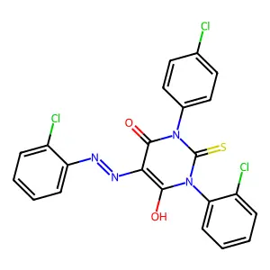 1-(2-chlorophenyl)-3-(4-chlorophenyl)-5-[(2-chlorophenyl)diazenyl]-6-hydroxy-2-sulfanylidenepyrimidin-4-one structure