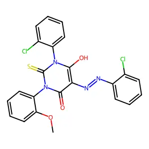 1-(2-chlorophenyl)-5-[(2-chlorophenyl)diazenyl]-6-hydroxy-3-(2-methoxyphenyl)-2-sulfanylidenepyrimidin-4-one structure