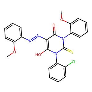 1-(2-chlorophenyl)-6-hydroxy-3-(2-methoxyphenyl)-5-[(2-methoxyphenyl)diazenyl]-2-sulfanylidenepyrimidin-4-one structure
