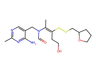 N-[(4-amino-2-methylpyrimidin-5-yl)methyl]-N-(5-hydroxy-3-{[(oxolan-2-yl)methyl]disulfanyl}pent-2-en-2-yl)formamide structure