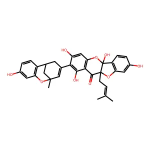 1,3,5a,8-tetrahydroxy-2-(5-hydroxy-9-methyl-8-oxatricyclo[7.3.1.02,7]trideca-2(7),3,5,10-tetraen-11-yl)-10a-(3-methylbut-2-enyl)-[1]benzofuro[3,2-b]chromen-11-one structure