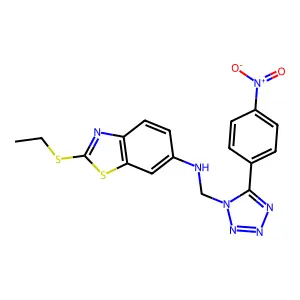 2-ethylsulfanyl-N-[[5-(4-nitrophenyl)tetrazol-1-yl]methyl]-1,3-benzothiazol-6-amine structure