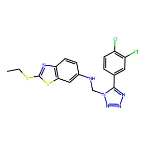N-[[5-(3,4-dichlorophenyl)tetrazol-1-yl]methyl]-2-ethylsulfanyl-1,3-benzothiazol-6-amine structure