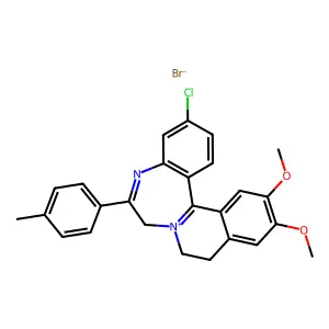 3-chloro-12,13-dimethoxy-6-(4-methylphenyl)-9,10-dihydro-7H-isoquinolino[2,1-d][1,4]benzodiazepin-8-ium bromide structure