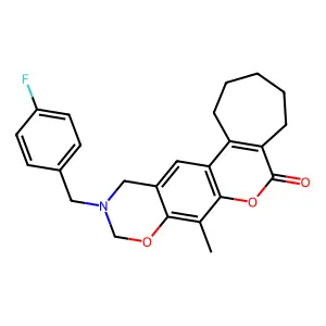 11-(4-fluorobenzyl)-8-methyl-2,3,4,5,11,12-hexahydro-10H-cyclohepta[3,4]chromeno[6,7-e][1,3]oxazin-6(1H)-one structure